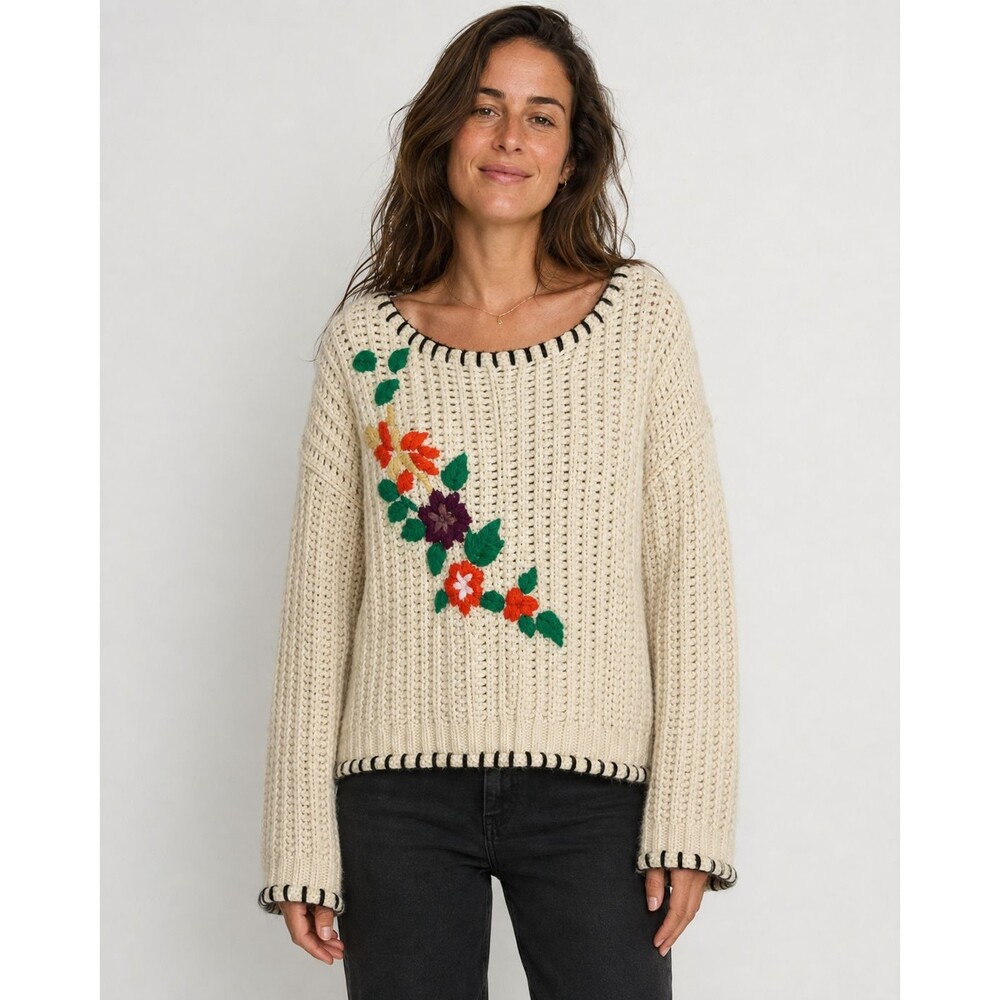 Raga Cream Chunky Knit Floral Embroidered Sweater Oversized Boho S